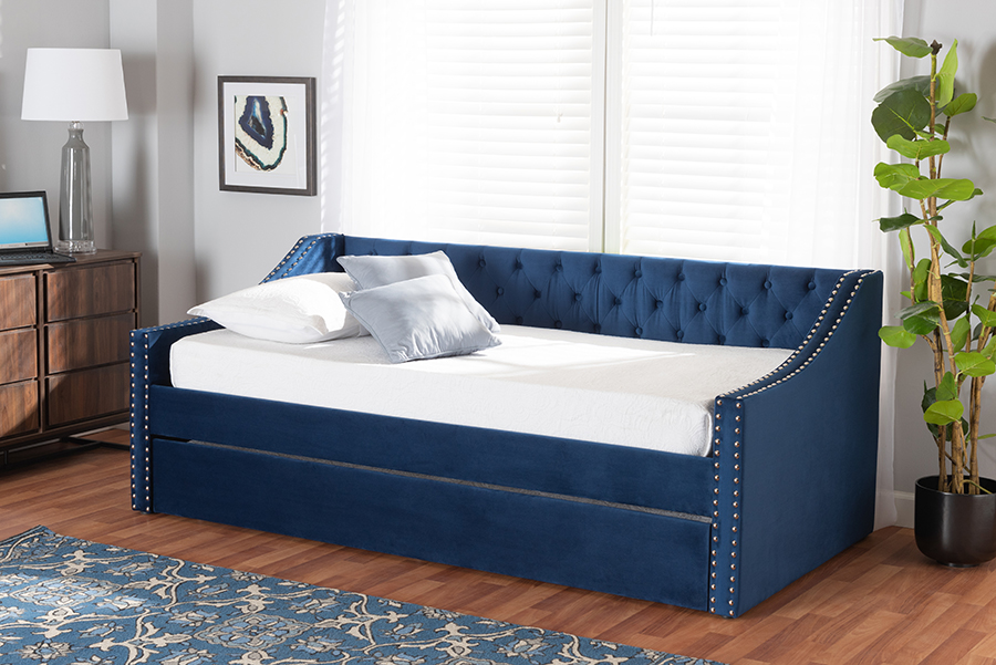 CF9228 -Navy Blue Velvet-Daybed-T-T Modern & Contemporary Velvet Fabric Upholstered Twin Size Daybed with Trundle, Navy Blue -  BAXTON STUDIO, 193271181100