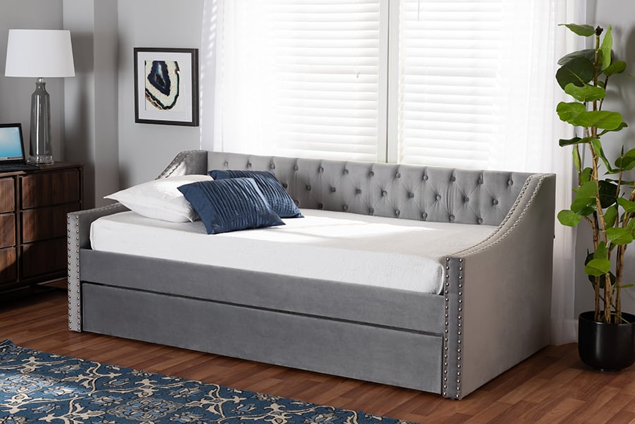 CF9228 -Silver Grey Velvet-Daybed-T-T Modern & Contemporary Velvet Fabric Upholstered Twin Size Daybed with Trundle, Silver & Gray -  Wholesale Interiors, 193271181193