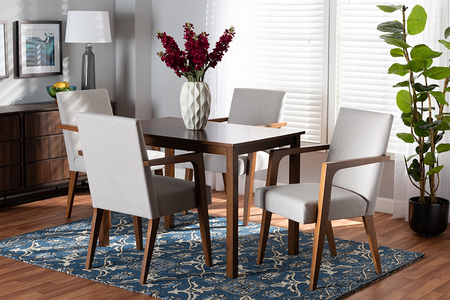 BBT5267-Greyish Beige-Walnut-5PC Dining Set Glenda Mid-Century Modern Fabric & Wood Dining Set, Greyish Beige & Walnut Brown - 5 Piece