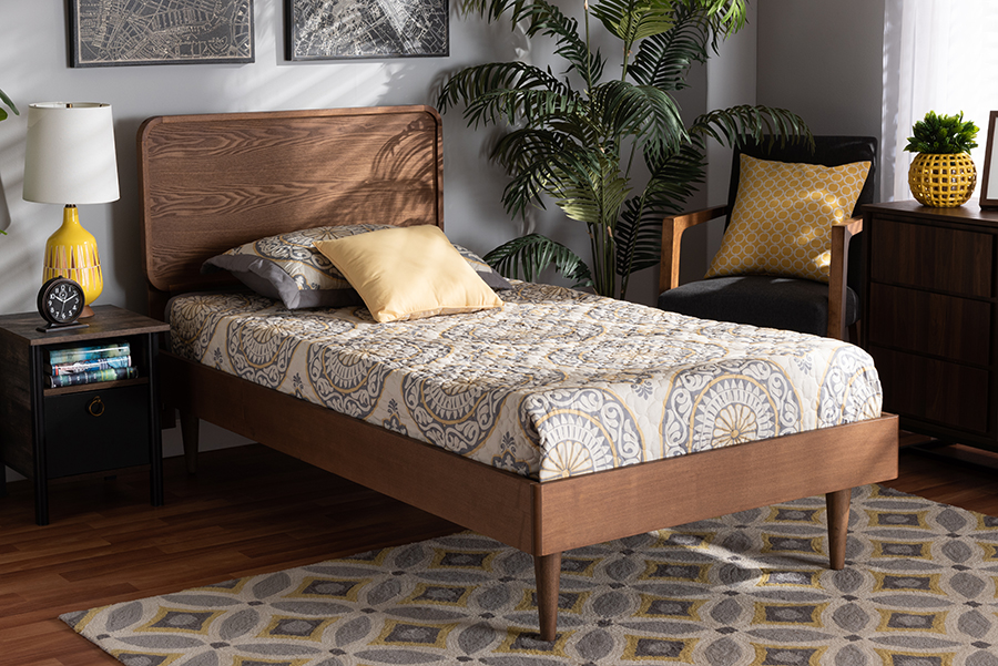 Gisa Mid-Century Modern Transitional Walnut Brown Finished Wood Twin Size Platform Bed