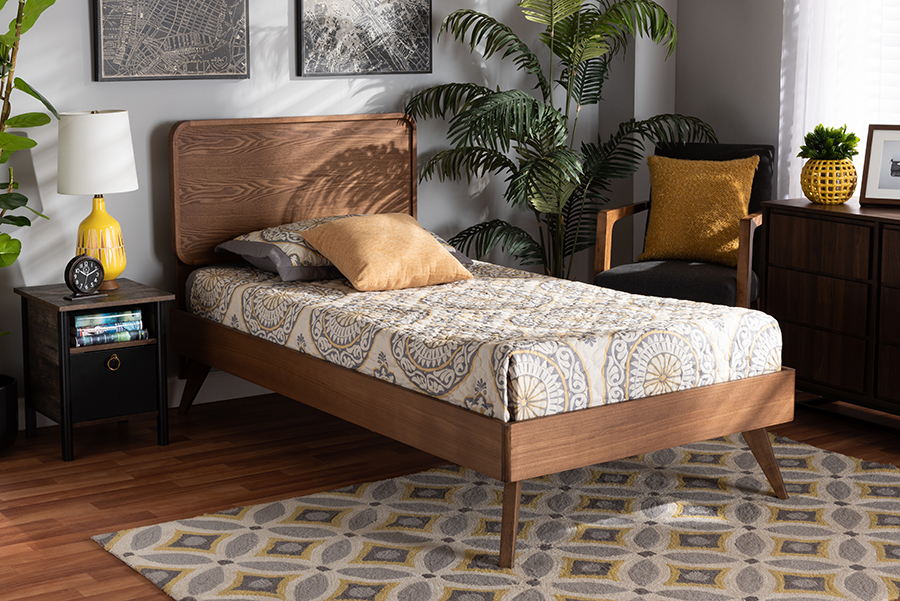 Leola-Ash Walnut-Twin Mid-Century Modern Transitional Twin Size Platform Bed, Walnut Brown - Wood