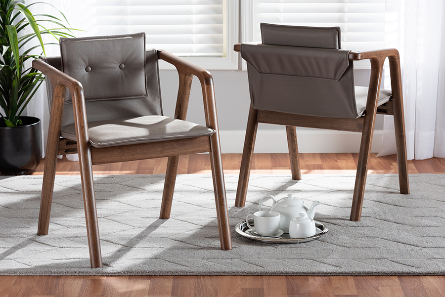 RDC828-Grey-Walnut-DC Baxton Studio Marcena Mid-Century Grey Imitation Leather Upholstered Wood Dining Chair Set, Walnut Brown - Pack of 2 -  193271191048