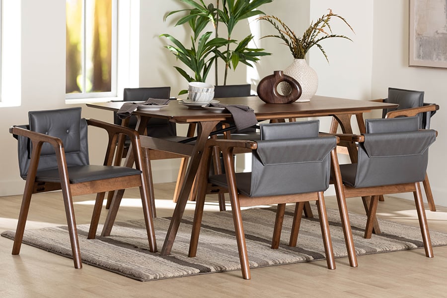 RDC828-Grey-Walnut-7PC Dining Set Baxton Studio Marcena Mid-Century Grey Imitation Leather Upholstered Wood Dining Set, Walnut Brown - 7 Piece