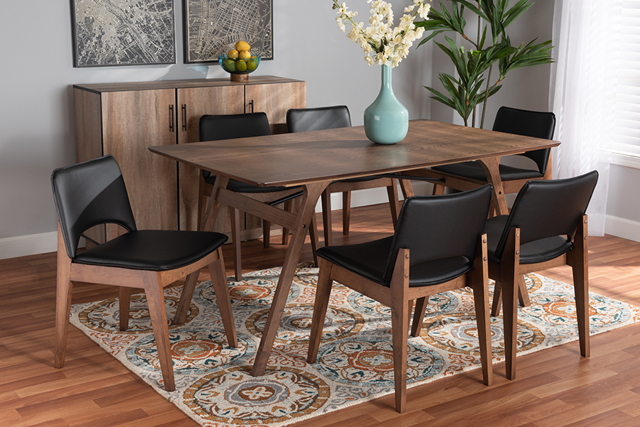 RDC827-Black-Walnut-7PC Dining Set Baxton Studio Afton Mid-Century Black Faux Leather Upholstered Wood Dining Set, Walnut Brown - 7 Piece