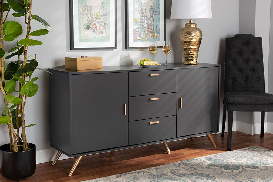LV19BFT1917-Dark Grey-Buffet 30.5 x 58.75 x 15.75 in. Baxton Studio Kelson Modern & Contemporary Wood 2-Door Sideboard Buffet, Dark Grey & Gold