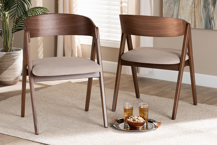 WM1900B-Latte-Walnut-DC Danton Mid-Century Modern Fabric Upholstered & Wood Dining Chair Set, Beige & Walnut Brown - Pack of 2