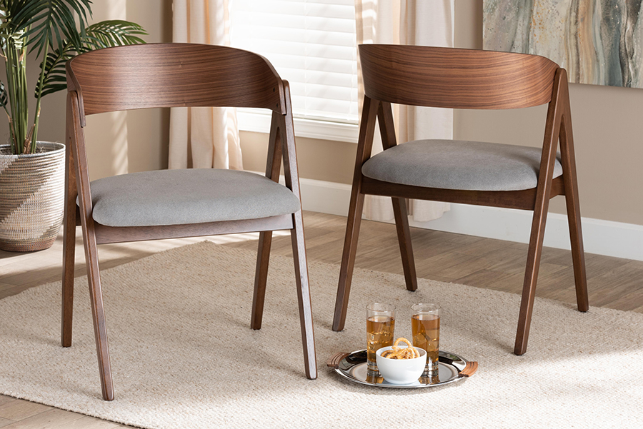 WM1900B-Smoke-Walnut-DC Danton Mid-Century Modern Fabric Upholstered & Wood Dining Chair Set, Grey & Smoke, Walnut Brown - Pack of 2