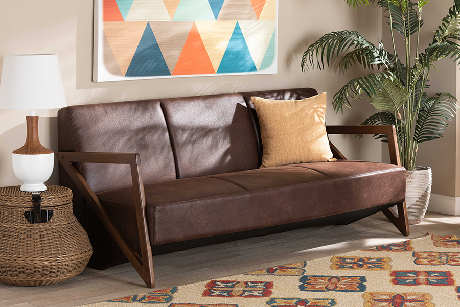WM5020-Dark Brown-Walnut-SF Christa Mid-Century Modern Transitional Faux Leather Effect Fabric Upholstered & Wood Sofa, Dark Brown & Walnut Brown