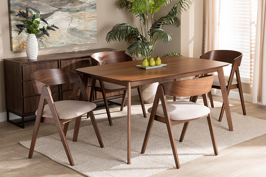 WM1900B-Latte-Walnut-5PC Dining Set Danton Mid-Century Modern Fabric Upholstered & Wood Dining Set, Beige & Walnut Brown - 5 Piece