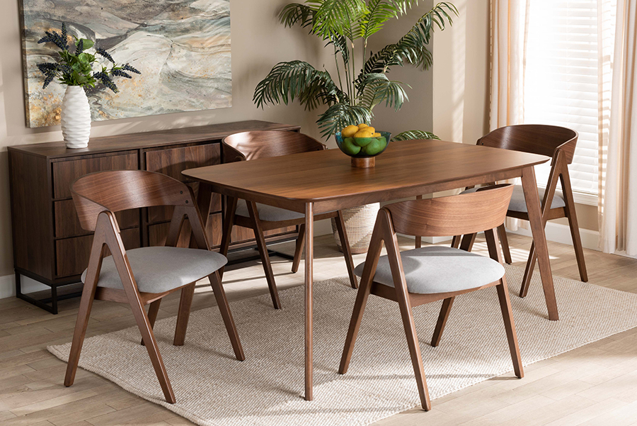 WM1900B-Smoke-Walnut-5PC Dining Set Danton Mid-Century Modern Fabric Upholstered & Wood Dining Set, Grey & Walnut Brown - 5 Piece