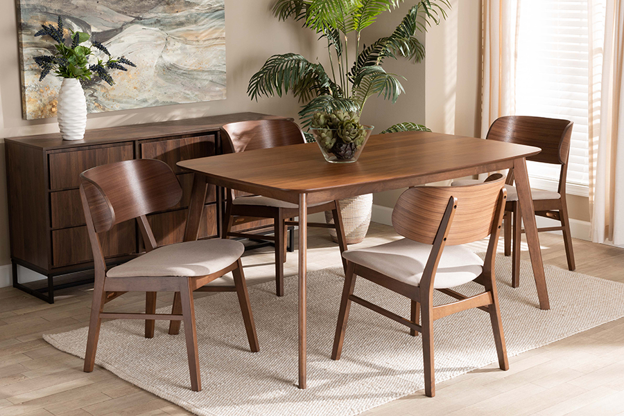 WM1892B-Latte-Walnut-5PC Dining Set Alston Mid-Century Modern Fabric Upholstered & Wood Dining Set, Beige & Walnut Brown - 5 Piece