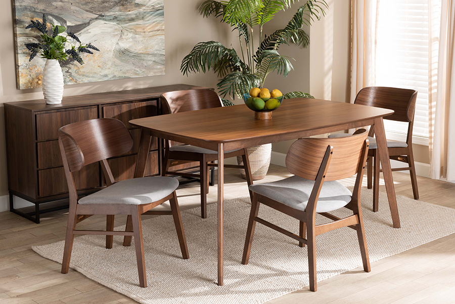 WM1892B-Smoke-Walnut-5PC Dining Set Alston Mid-Century Modern Fabric Upholstered & Wood Dining Set, Grey & Walnut Brown - 5 Piece