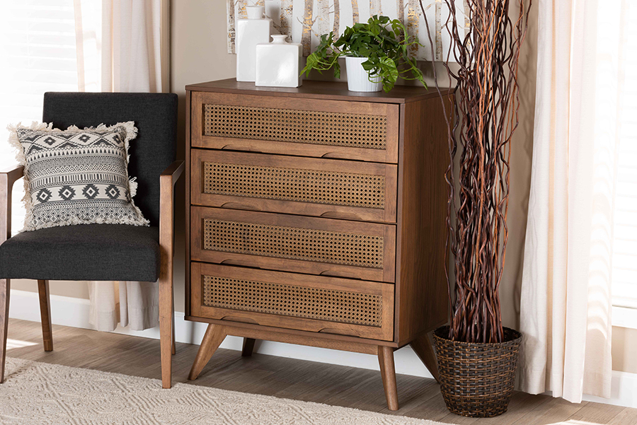 MG9001-Rattan-4DW-Chest Barrett Mid-Century Modern Walnut Brown Finished Wood & Synthetic Rattan 4-Drawer Chest