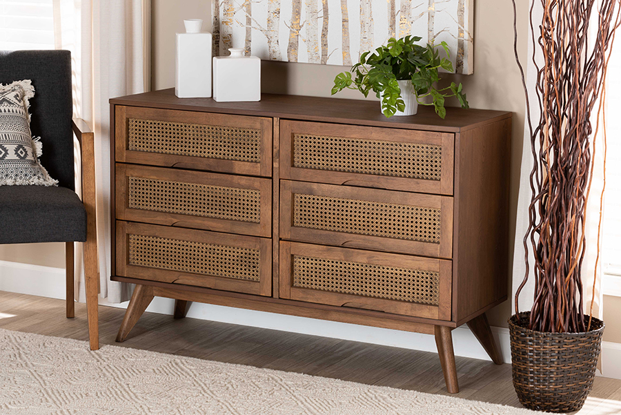 MG9001-Rattan-6DW-Dresser Barrett Mid-Century Modern Walnut Brown Finished Wood & Synthetic Rattan 6-Drawer Dresser