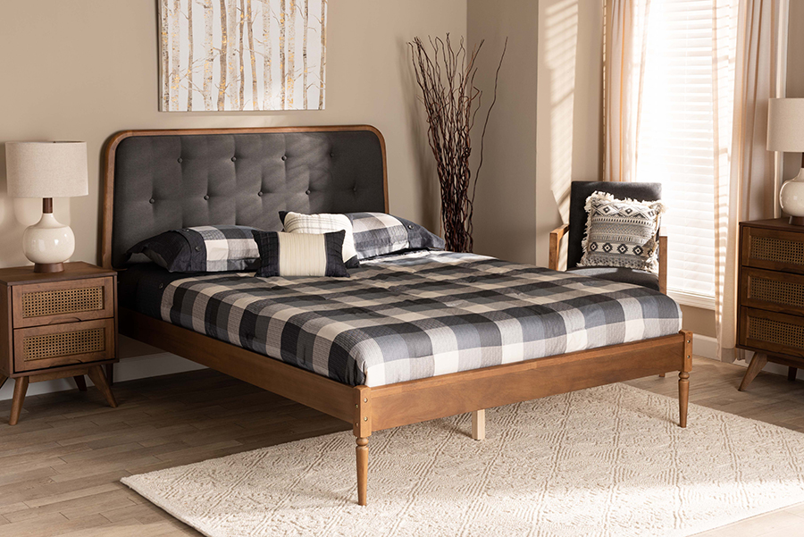 MG0061-Dark Grey-Walnut-Full Diantha Classic & Traditional Dark Grey Fabric Upholstered & Walnut Brown Finished Wood Full Size Platform Bed