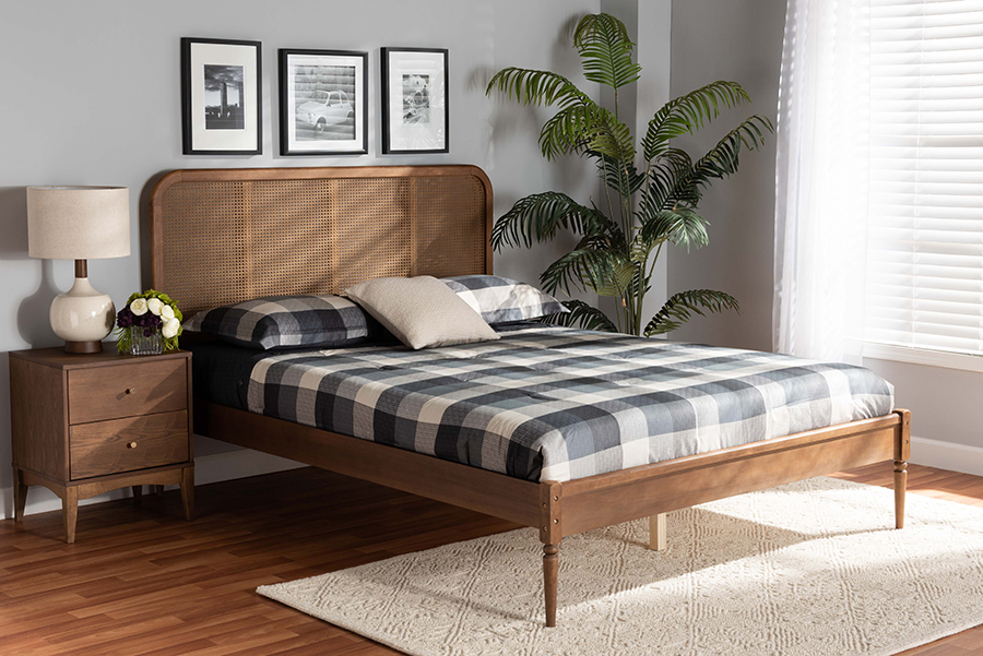 MG0056-Rattan-Walnut-Full Elston Mid-Century Modern Wood & Synthetic Rattan Platform Bed, Brown & Ash Walnut - Full Size