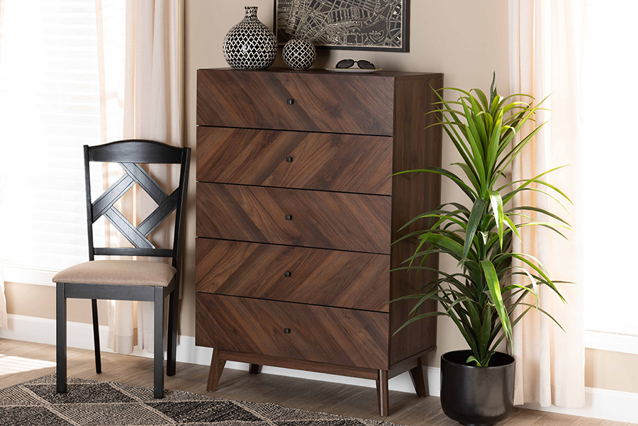 LV23COD23231WI-Columbia-5DW-Chest Hartman Mid-Century Modern Wood 5-Drawer Storage Chest, Walnut Brown