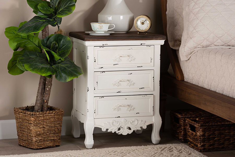 Picture of Baxton Studio JY20B090-Antique White-NS 23.62 x 8.11 x 13.39 in. Levron Classic & Traditional Finished Wood 3 Drawer Nightstand&#44; Walnut Brown & Antique White