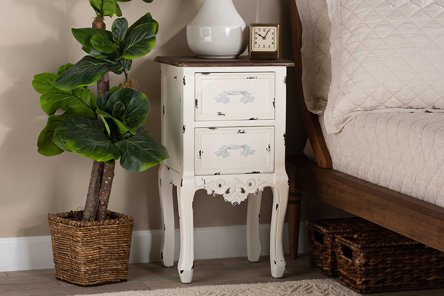 Picture of Baxton Studio JY20B091-Antique White-NS 26.77 x 14.57 x 11.81 in. Levron Classic & Traditional Two-Tone Finished Wood 2 Drawer Nightstand&#44; Walnut Brown & Antique White