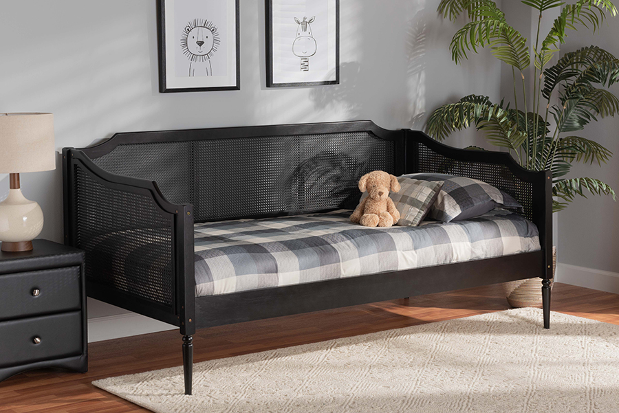 MG0075-Black Rattan-Black-Daybed Hancock Mid-Century Modern Charcoal Finished Wood & Synthetic Rattan Daybed - Twin Size