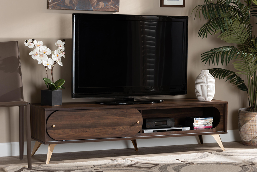 Picture of Baxton Studio LV12TV12120WI-Columbia-TV Dena Mid-Century Modern Walnut Brown Wood & Gold Finished TV Stand