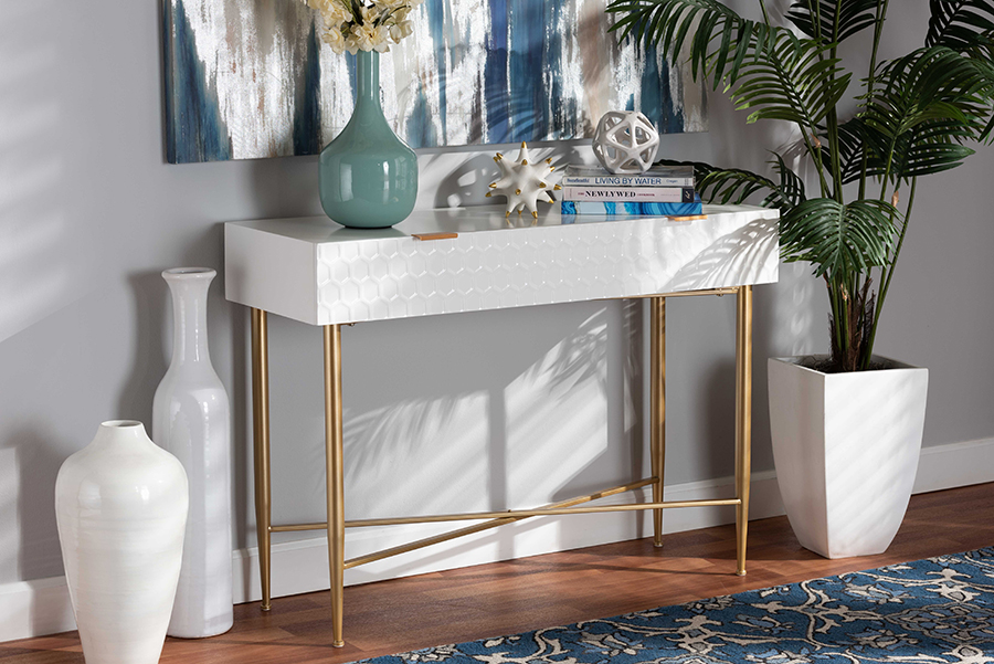 Picture of Baxton Studio JY20B124-White-Gold-Console Galia Modern & Contemporary White Finished Wood & Gold Metal 1-Drawer Console Table