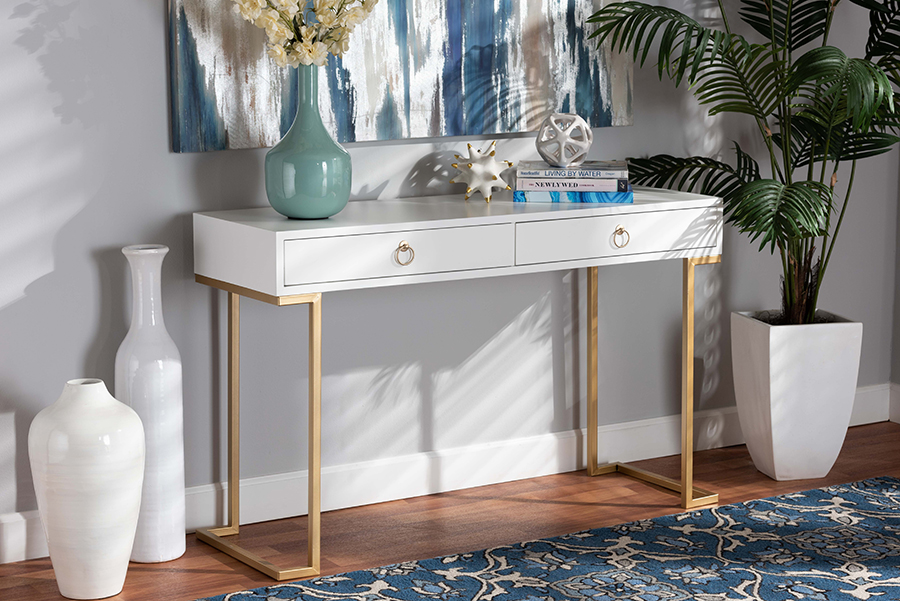 Picture of Baxton Studio JY20B168-White-Gold Beagan Modern & Contemporary White Finished Wood & Gold Metal 2-Drawer Console Table