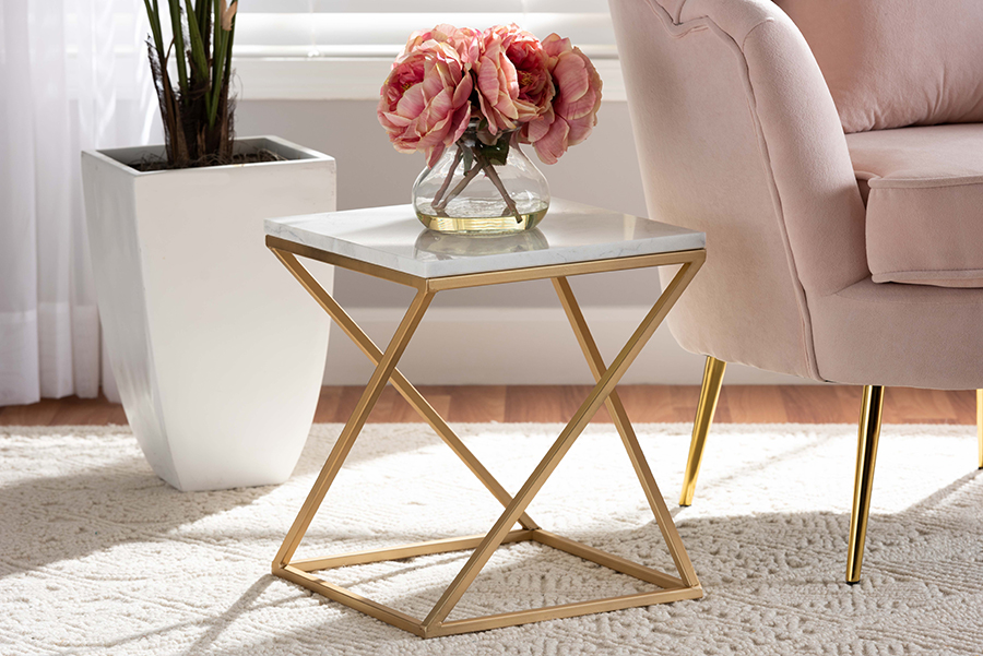 Picture of Baxton Studio H01-94137-Metal-Marble Side Table Hadley Modern & Contemporary Gold Finished Metal End Table with Marble Tabletop