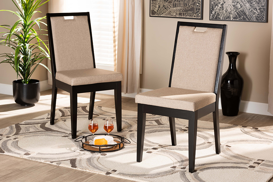 RH2082C-Sand-Dark Brown-DC-2PK Octavia Modern & Contemporary Sand Fabric Upholstered & Dark Brown Finished Wood Dining Chair Set - 2 Piece -  Baxton Studio, 193271221158