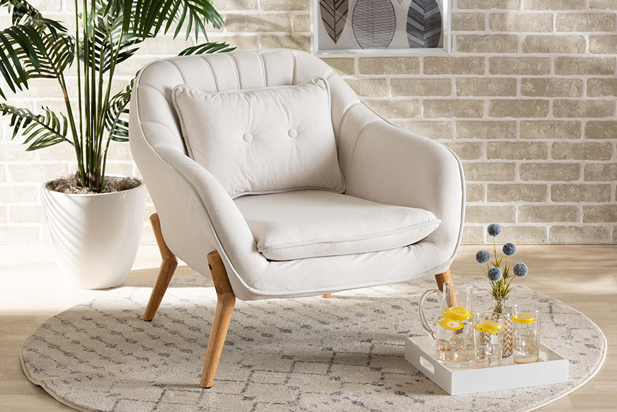 Picture of Baxton Studio 924-Velvet Beige-Chair Valentina Mid-Century Modern Transitional Beige Velvet Fabric Upholstered & Natural Wood Finished Armchair