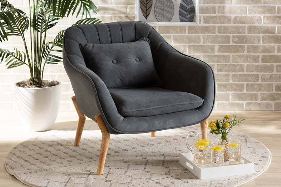 Picture of Baxton Studio 924-Velvet Grey-Chair Valentina Mid-Century Modern Transitional Grey Velvet Fabric Upholstered & Natural Wood Finished Armchair