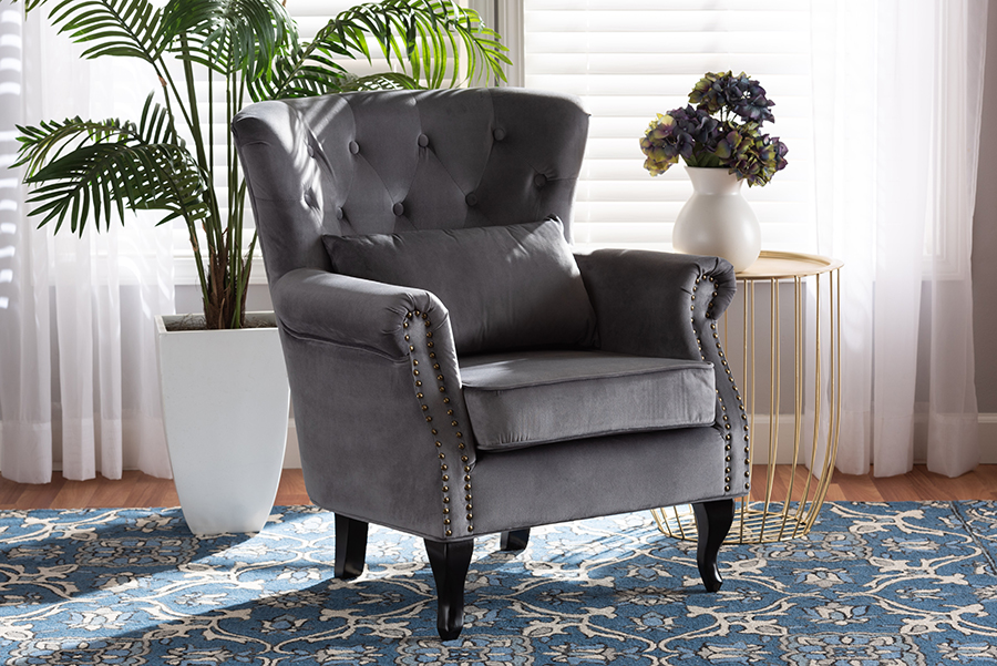 Picture of Baxton Studio ZQ-01-Shiny Velvet Grey-Chair Fletcher Classic & Traditional Grey Velvet Fabric Upholstered & Dark Brown Finished Wood Armchair