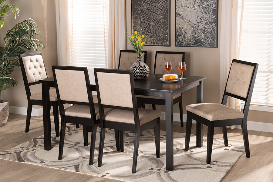 Picture of Baxton Studio Suvi-Sand-Dark Brown-7PC Dining Set Suvi Modern & Contemporary Sand Fabric Upholstered & Dark Brown Finished Wood Dining Set -7 Piece