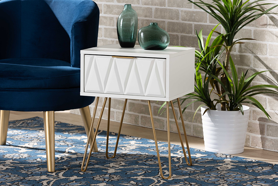 Picture of Baxton Studio BRA-003-White-Gold-ET Holbrook Contemporary Glam & Luxe White Finished Wood & Gold Metal 1-Drawer End Table