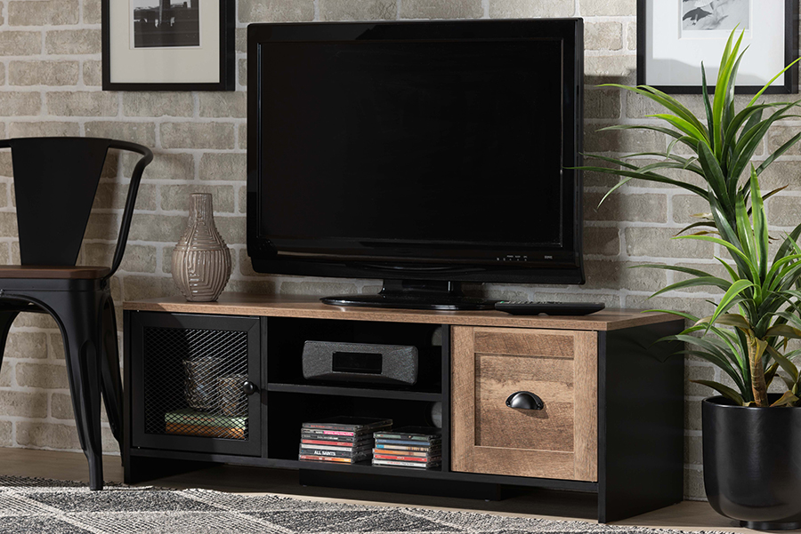 Picture of Baxton Studio LOR-001-Natural-Black Connell Modern&#44; Contemporary Industrial Two-Tone Natural Brown & Black Finished Wood Metal 2-Door TV Stand