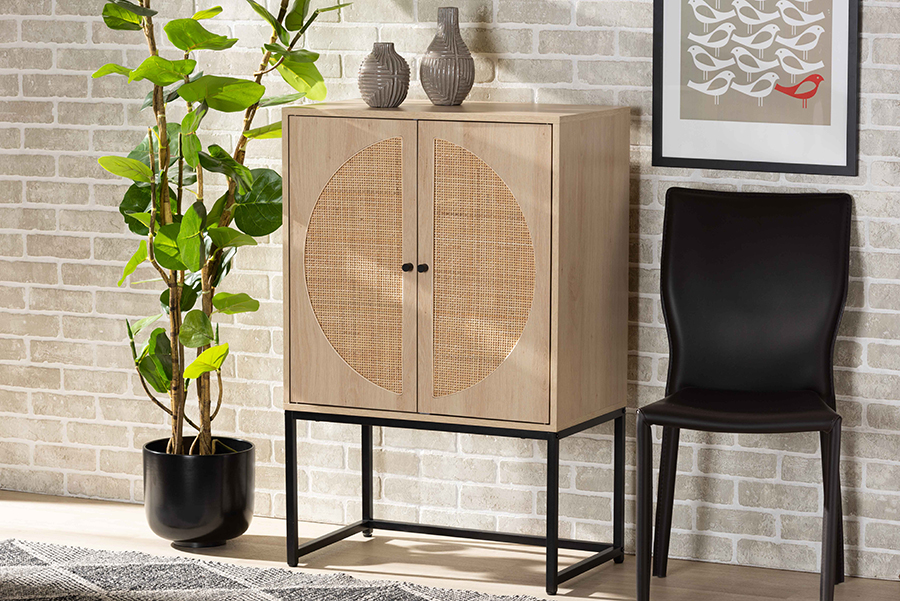 Picture of Baxton Studio MUS-003-Natural-Black Ardon Bohemian Light Brown Finished Wood & Black Metal 2-Door Storage Cabinet with Natural Rattan