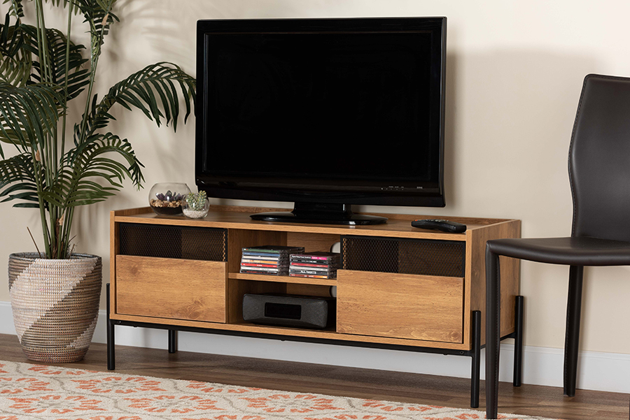 Picture of Baxton Studio HIF-002-Natural-Black Tasman Modern & Contemporary Industrial Natural Brown Finished Wood & Black Metal 2-Door TV Stand