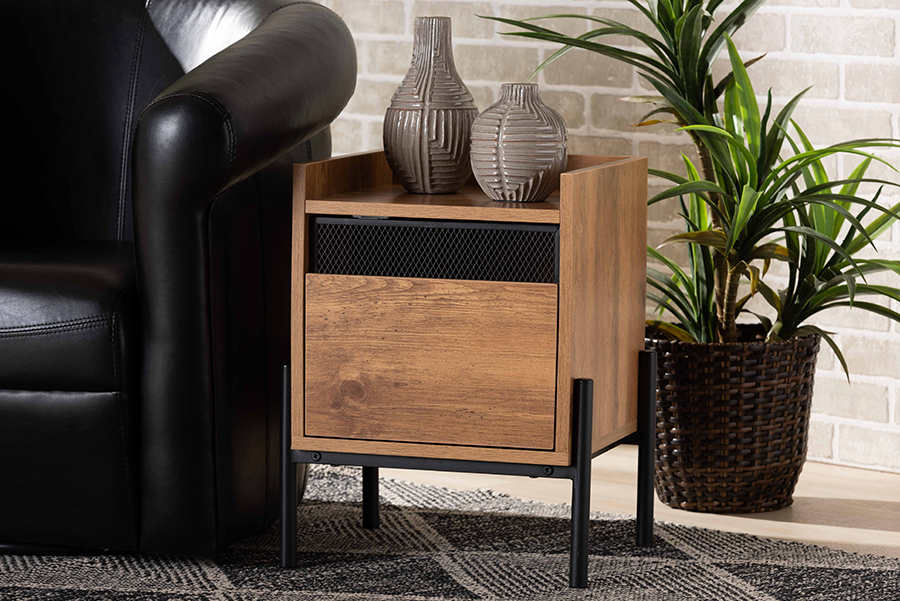 Picture of Baxton Studio HIF-007-Natural-Black Tasman Modern & Contemporary Industrial Natural Brown Finished Wood & Black Metal End Table