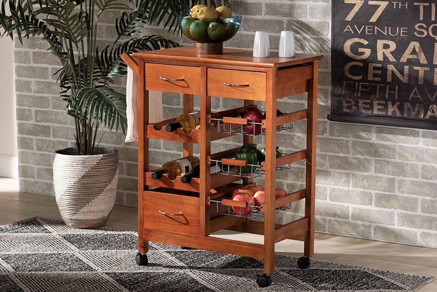 LYA20-048-Wooden-Kitchen Cart Crayton Modern & Contemporary Oak Brown Finished Wood & Silver-Tone Metal Mobile Kitchen Storage Cart -  Baxton Studio, 193271237531