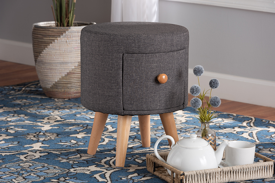 Picture of Baxton Studio 11A-121DG-Dark Grey-Stool Rocco Modern Transitional Dark Grey Fabric Upholstered & Oak Brown Finished Wood 1-Drawer Ottoman Stool