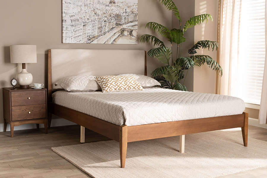 MG0077S-Beige-Walnut-King Lenora Mid-Century Modern Beige Fabric Upholstered & Walnut Brown Finished Wood Platform Bed - King Size