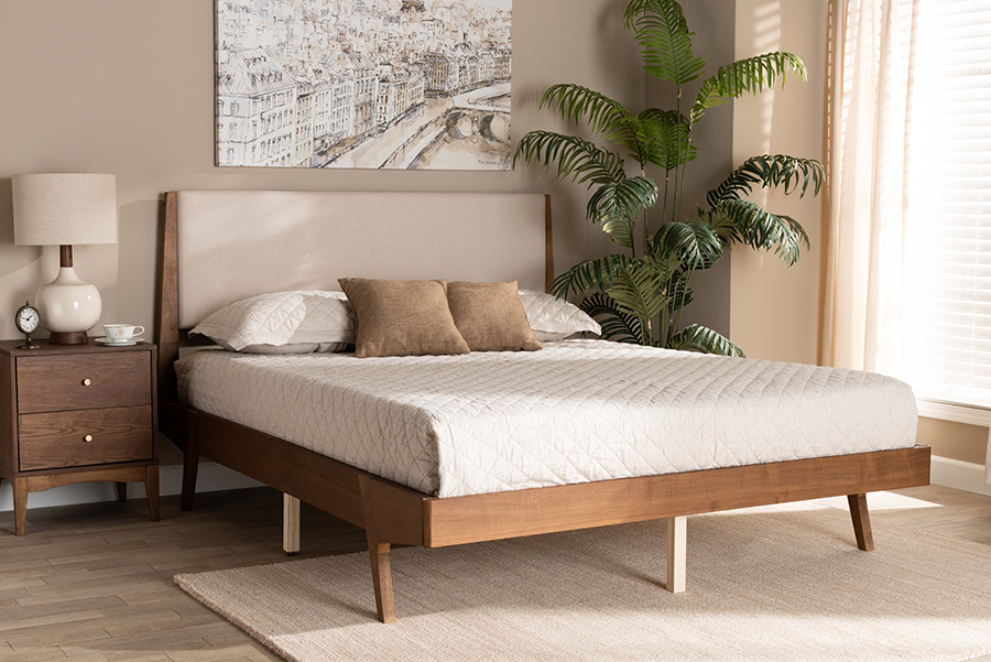 MG0008S-Beige-Walnut-Queen Senna Mid-Century Modern Beige Fabric Upholstered & Walnut Brown Finished Wood Platform Bed - Queen Size