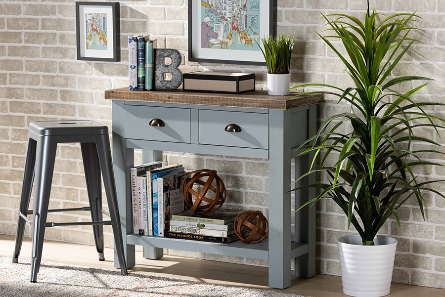 Picture of Baxton Studio JY20B122-Grey-Console Hastin Classic & Traditional Two-Tone Grey & Antique Brown Finished Wood 2-Drawer Console Table