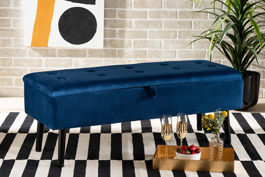 Picture of Baxton Studio FZD020108-Navy Blue Velvet-Bench Caine Modern Contemporary Navy Blue Velvet Fabric Upholstered & Dark Brown Finished Wood Storage Bench