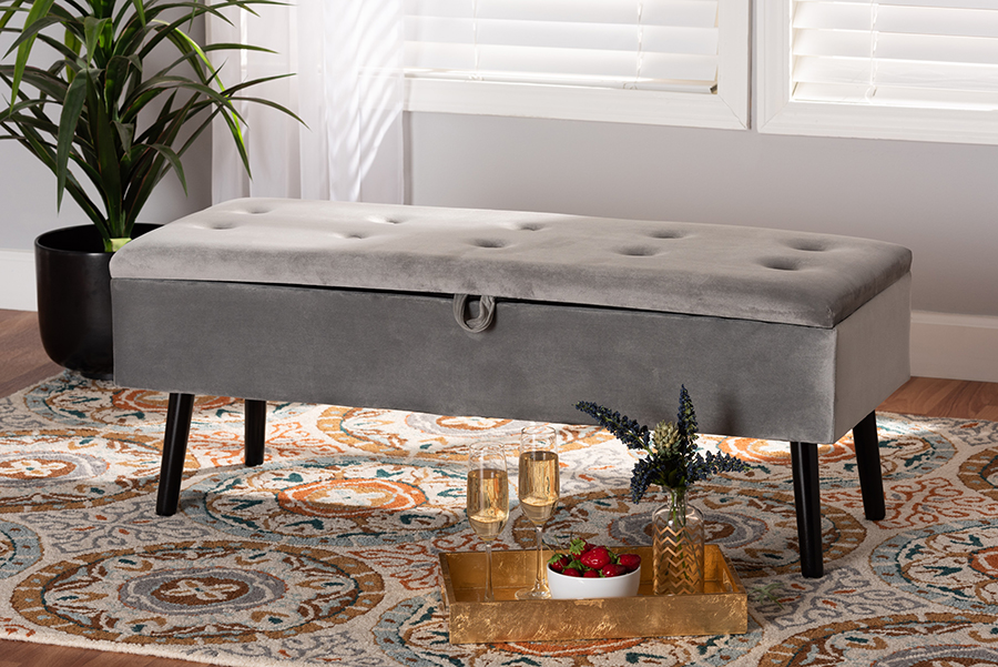 Picture of Baxton Studio FZD020108-Grey Velvet-Bench Caine Modern Contemporary Grey Velvet Fabric Upholstered & Dark Brown Finished Wood Storage Bench