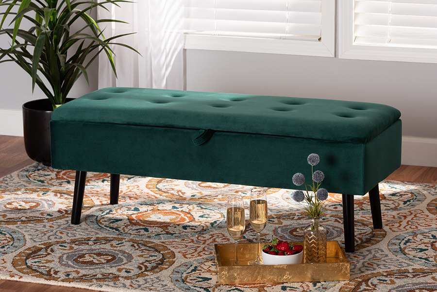 Picture of Baxton Studio FZD020108-Green Velvet-Bench Caine Modern Contemporary Green Velvet Fabric Upholstered & Dark Brown Finished Wood Storage Bench