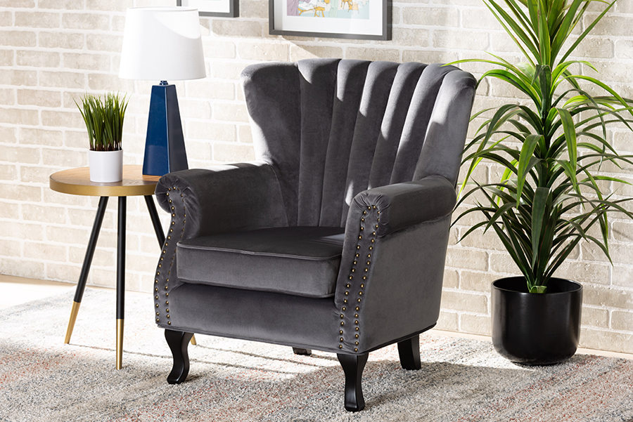 Picture of Baxton Studio 904-Shiny Velvet Grey-Chair Relena Classic & Traditional Grey Velvet Fabric Upholstered & Dark Brown Finished Wood Armchair