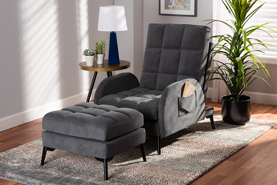 Picture of Baxton Studio T-3-Velvet Grey-Chair-Footstool Set  Belden Modern and Contemporary Grey Velvet Fabric Upholstered and Black Metal 2-Piece Recliner Chair and Ottoman Set