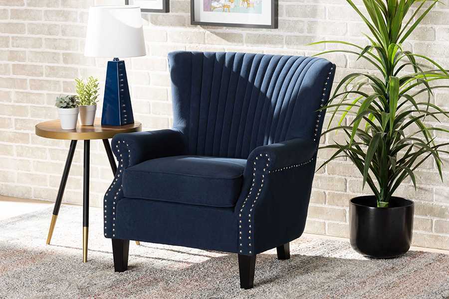 Picture of Baxton Studio HH-056-Velvet Blue-Chair Wilhelm Classic & Traditional Navy Blue Velvet Fabric Upholstered & Dark Brown Finished Wood Armchair