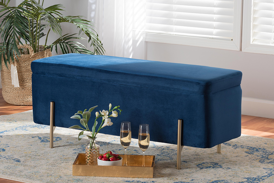 Picture of Baxton Studio FZD0223-Navy Blue Velvet-Bench Rockwell Contemporary Glam & Luxe Navy Blue Velvet Fabric Upholstered & Gold Finished Metal Storage Bench